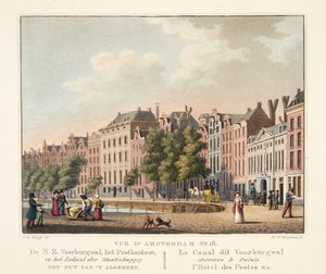 Vista de Ámsterdam No.18. De N.Z. Voorburgwal, la Oficina de Correos, y el Local de la Sociedad para el Bien Común. El Canal llamado Voorburgwal detrás del Palacio, la Oficina de Correos, etc., 1825 de Cornelis de Kruyff